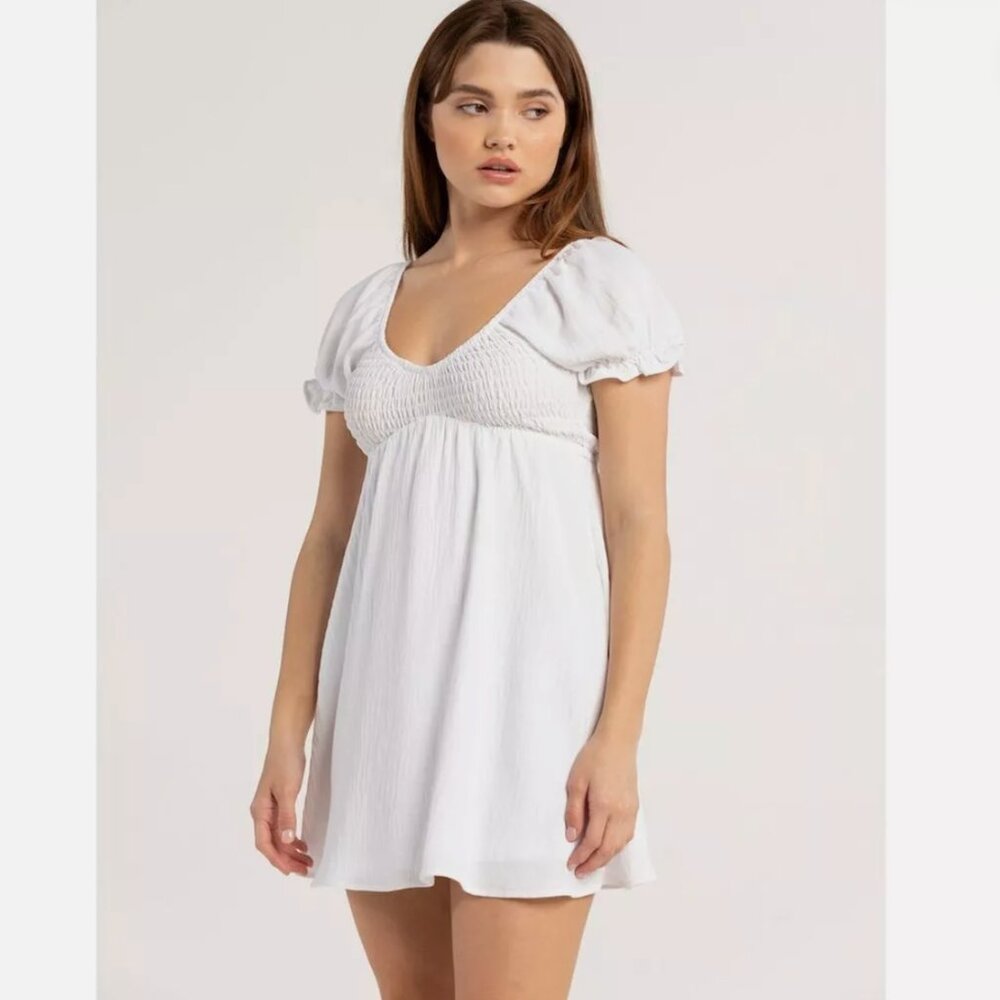 RSQ Womens White Smocked‎ Bodice Babydoll Dress NWT Mini XS S M XL